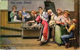 1927 Das erste Debut! / Women at the bowling alley, drinking and smoking. T.S.N. Serie 1682. (6 Dess.) s: Arth. Thiele (EB)