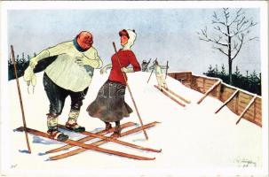 Winter sport art postcard, humour, ski date. B.K.W.I. 560-4. s: Schönpflug