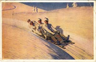 1913 Winter sport art postcard. Bobsleigh race, sledding. B.K.W.I. 518-3. s: Otto Barth (EB)