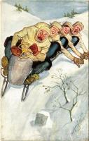 Winter sport art postcard with four-man controllable bobsled, bobsleigh, sledding down, humour. B.K.W.I. 412-4. s: Carl Josef (EK)