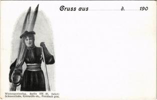 Gruss aus... Wintersportverlag, Berlin SW. 46. liefert: Schneeschuhe, Rennwölfe etc. / Winter sport shop advertisement, lady with ski (EK)