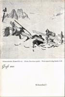 Gruss aus... Schneeheil! Wintersportverlag, Berlin SW. 46. liefert: Schneeschuhe, Rennwölfe etc. / Winter sport shop advertisement, ski accident