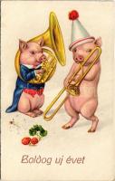 1937 Boldog újévet! Trombitázó és kürtön játszó malacok / New Year greeting, pigs playing on the trumpet and horn. Amag 2518. litho