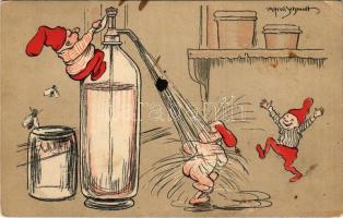 1906 Játékos törpék szódásüveggel spriccelik egymást / Dwaves playing with a soda bottle. litho s: Alfred Schmidt (EK)