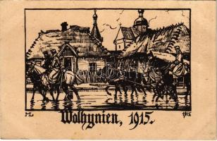 1916 Wolhynien 1915. K.u.k. Kommando-Trainzug 1/17. / Első világháborús osztrák-magyar katonai fametszet / WWI Austro-Hungarian military woodcut s: M.L. (EK)