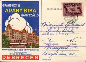 1949 Debrecen, Arany Bika Nagyszálló kávéháza és étterme. Tulajdonosok: Bujdosó és Frank. reklám (EK)