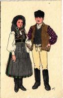 Csíkszereda, Miercurea Ciuc; Székely népviselet, Csíki pár / Costumi popolari secleri / Transylvanian folklore art postcard s: Haáz