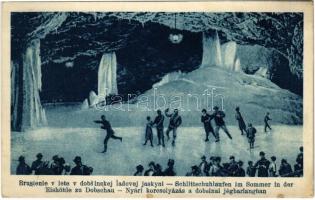 1929 Dobsina, Dobsiná; nyári korcsolyázás a jégbarlangban. Fejér Endre kiadása / ice skating in the ice cave in summer (ragasztónyom / glue marks)