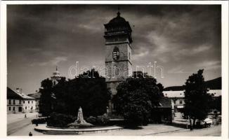 Rozsnyó, Roznava; Rákóczi tér, Őrtorony, Gróf Andrássy Dénesné (Franciska) szobor, üzletek. Fuchs József kiadása / watchtower with Hungarian irredenta propaganda and coat of arms, statue, monument, shops