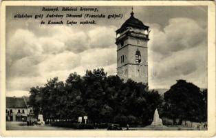 Rozsnyó, Roznava; Rákóczi tér őrtorony, Gróf Andrássy Dénesné (Franciska) szobor, Kossuth Lajos szobor / watchtower with Hungarian irredenta propaganda and coat of arms, statue, monument (Rb)