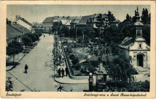 Érsekújvár, Nové Zamky; Széchenyi utca, Szent Anna kápolna, benzinkút / street, chapel, gas station (EB)