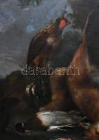 VÉDETT/NO EXPORT! XVIII. századi német festő, jelzés nélkül: Vadászcsendélet. Olaj, vászon. Dublíroz...