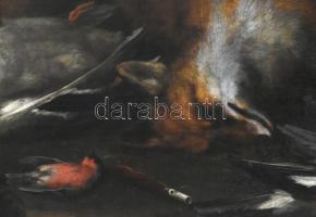 VÉDETT/NO EXPORT! XVIII. századi német festő, jelzés nélkül: Vadászcsendélet. Olaj, vászon. Dublíroz...