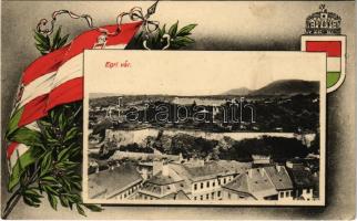 Eger, vár. Szecessziós keret magyar zászlóval és címerrel