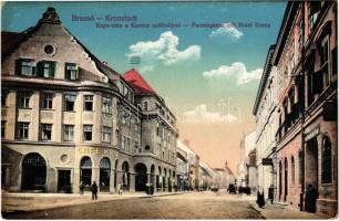 1912 Brassó, Kronstadt, Brasov; Kapu utca, Korona szálloda és kávéház, Seewaldt A. és Theil. üzlete / street, hotel and cafe, shops (EK)