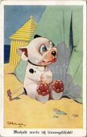 Weshalb wurde ich hinausgeschickt? / Bozo kutya a tengerparton, strand / Bozo dog on the beach. A.R. & Co. 1. B. 1572. s: G.E. Studdy