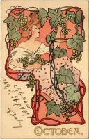 1900 Október. Szecessziós művészlap szőlővel / October. Art Nouveau lady with grapes. litho