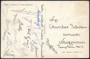 1948 AS Roma - Ujpest (1:2) barátságos labdarúgó mérközéásről a magyar csapat tagjai által aláírt képeslap. Tóth, Balogh II, Laborc, Szűcs, Szusza, Bódis, Várnai stb / Autograph signed postcard of Ujpest football players from a match against AS Roma