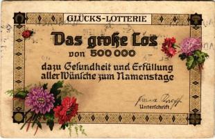 1937 Glücks-Lotterie. Das große Los von 500,000 dazu Gesundheit und Erfüllung aller Wünsche zum Namenstage / Lottery art postcard (EK)