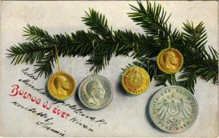 1905 Boldog Újévet! / New Year greeting art postcard with German coins