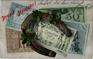 Prosit Neujahr! / New Year greeting art postcard with German banknotes, horseshoe and clovers