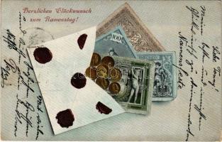 1906 Herzlichen Glückwunsch zum Namenstag! / Name Day greeting art postcard with German banknotes and coins