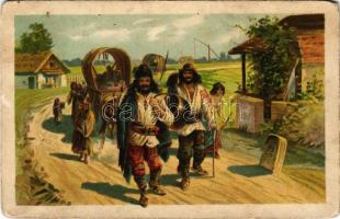 Vándorló cigányok / Gypsy folklore art postcard, traveling gypsies. litho (kopott sarkak / worn corners)