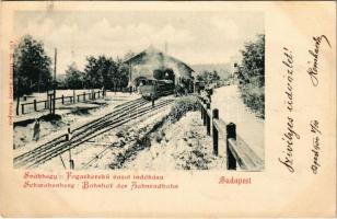 1900 Budapest XII. Svábhegy, fogaskerekű vasút indóháza, vasútállomás vonattal, gőzmozdony, Villa Eötvös reklám. Divald Károly 156. sz. (fa)