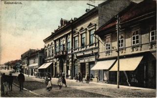 1911 Szászváros, Broos, Orastie; utca, M. kir. dohány nagy tőzsde üzlete / street, tobacco shop
