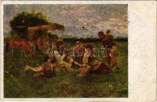 1921 Vándorló cigányok / Gypsy folklore art postcard, traveling gypsies (EK)