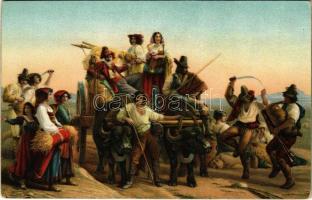 Ankunft der Schnitter in den pontinischen Sumpfen / Gypsy folklore art postcard. Stengel litho s: Leopold Robert (EK)