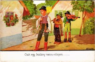 Csak egy kislány van a világon... Muzsikus cigányok / Hungarian Gypsy folklore art postcard, Gypsy musicians s: Bernáth (EK)