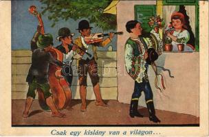 1943 Csak egy kislány van a világon... Muzsikus cigányok / Hungarian Gypsy folklore art postcard, Gypsy musicians (EK)