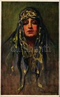Tanulmányfej. Cigánylány / Studienkopf / Head study. Hungarian Gypsy lady art postcard. Magyar Rotophot Társaság No. 70. s: Kiss Rezső