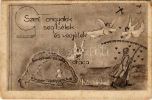 1943 Szent angyalok segítsétek és védjétek drága hőseinket! Imádkozó szívünk legyen védőpajzsunk. Keresztes Nővérek kiadása / WWII Hungarian military art postcard, irredenta propaganda (EB)
