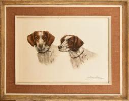 Léon Danchin (1887-1938): Kutyák. Litográfia, papír, jelzett, számozott (211/500). Dekoratív üvegezett fakeretben. 39x52,5 cm / Léon Danchin (1887-1938): Dogs. Lithograph on paper, signed, numbered (211/500). Framed.