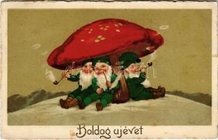 Boldog újévet! Pipázó törpék egy gomba alatt / New Year greeting, Dwarves smoking pipes under a mushroom. litho (EK)