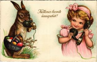 1930 Kellemes húsvéti ünnepeket! Nyuszival telefonáló kislány / Easter greeting, rabbit on the phone with a girl. WSSB 8206. litho