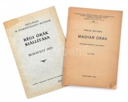 Vegyes órákkal kapcsolatos tétel, 2 db:   Pritz István: Magyar órák. Művészettörténeti tanulmány. 55 képpel. A Budapesti Királyi Magyar Pázmány Péter Tudományegyetem Művészettörténeti és Keresztényrégészeti Intézetének Dolgozatai 80. Bp., 1943., Grega Nándor-ny., 62 p.+XII (fekete-fehér képtáblák) t. Kiadói papírkötés, a gerincen kis sérüléssel.;   1925 Régi órák kiállítása. Az órák történetével és 53 képpel. Szerk.: Csányi Károly. Országos M. Iparművészeti Múzeum. Bp., 1925.,Pátria, 59 p.+XII (fekete-fehér képtáblák) t. Kiadói papírkötés, a borító felső részén folttal, a gerincen egészen kis szakadással.;