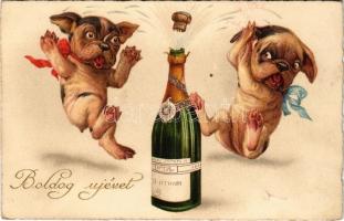 Boldog újévet! Kiskutyák pezsgővel / New Year greeting, dogs with champagne. litho (fl)