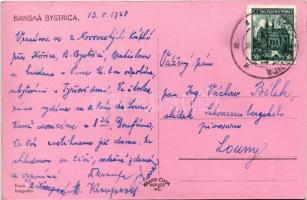 1938 Besztercebánya, Banská Bystrica; Masarykovo námestie / Masaryk tér, szökőkút, Ignac Kohn üzlete...