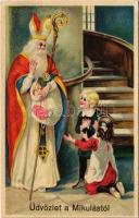 Üdvözlet a Mikulástól / Saint Nicholas greeting, litho (EK)