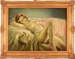 Fried Pál (1893-1955): Női akt (Berzényi Jolika). Olaj, vászon, jelzett a hátoldalán. Dekoratív fakeretben, 60×80 cm / Pál Fried (1893-1955). Lying nude woman. Oil on canvas, signed on the reverse, framed