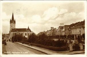 1938 Eperjes, Presov; Masarykova ul. a park / Masaryk utca, templom, park, üzletek / street view, church, park, shops (EK)