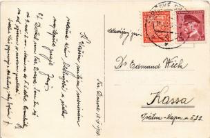 1938 Eperjes, Presov; Masarykova ul. a park / Masaryk utca, templom, park, üzletek / street view, ch...