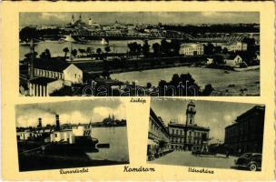 Komárom, Komárno; látkép, vasútállomás, Duna részlet, gőzhajó, Városháza / general view, railway station, Danube riverside, steamship, town hall, automobile