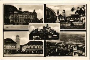 1937 Trencsén, Trencín; szálloda, vár, zsinagóga, üzletek / Trenciansky hrad / multi-view postcard with hotel, castle, synagogue, shops