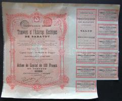 Belgium 1907. "Saratov-i Villamos és Világítási Elektromos Rt." részvénye 100Fr-ról (5x) egymásutáni, ill. kis ugrású sorszámokkal, szignettákkal, szelvényekkel