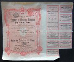 Belgium 1907. "Saratov-i Villamos és Világítási Elektromos Rt." részvénye 100Fr-ról (5x) e...