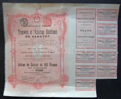 Belgium 1907. "Saratov-i Villamos és Világítási Elektromos Rt." részvénye 100Fr-ról (5x) e...